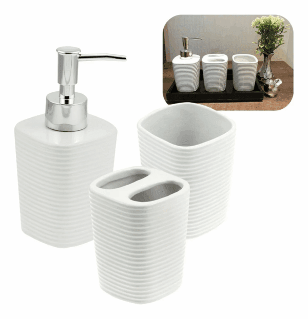 Kit Acessórios Banheiro Lavabo Cerâmica Branca 3 Peças