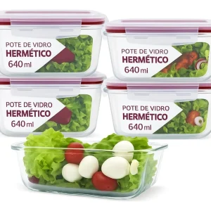 Conjunto 5 Potes de Vidro Hermética Quentinha Marmita 640ml Vermelho
