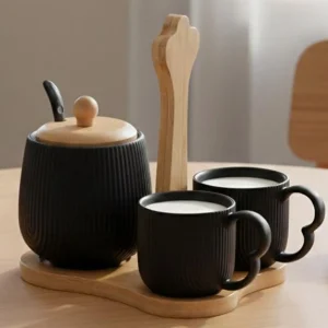 Jogo De Xícaras Café Com Açucareiro E Suporte Bambu Preto